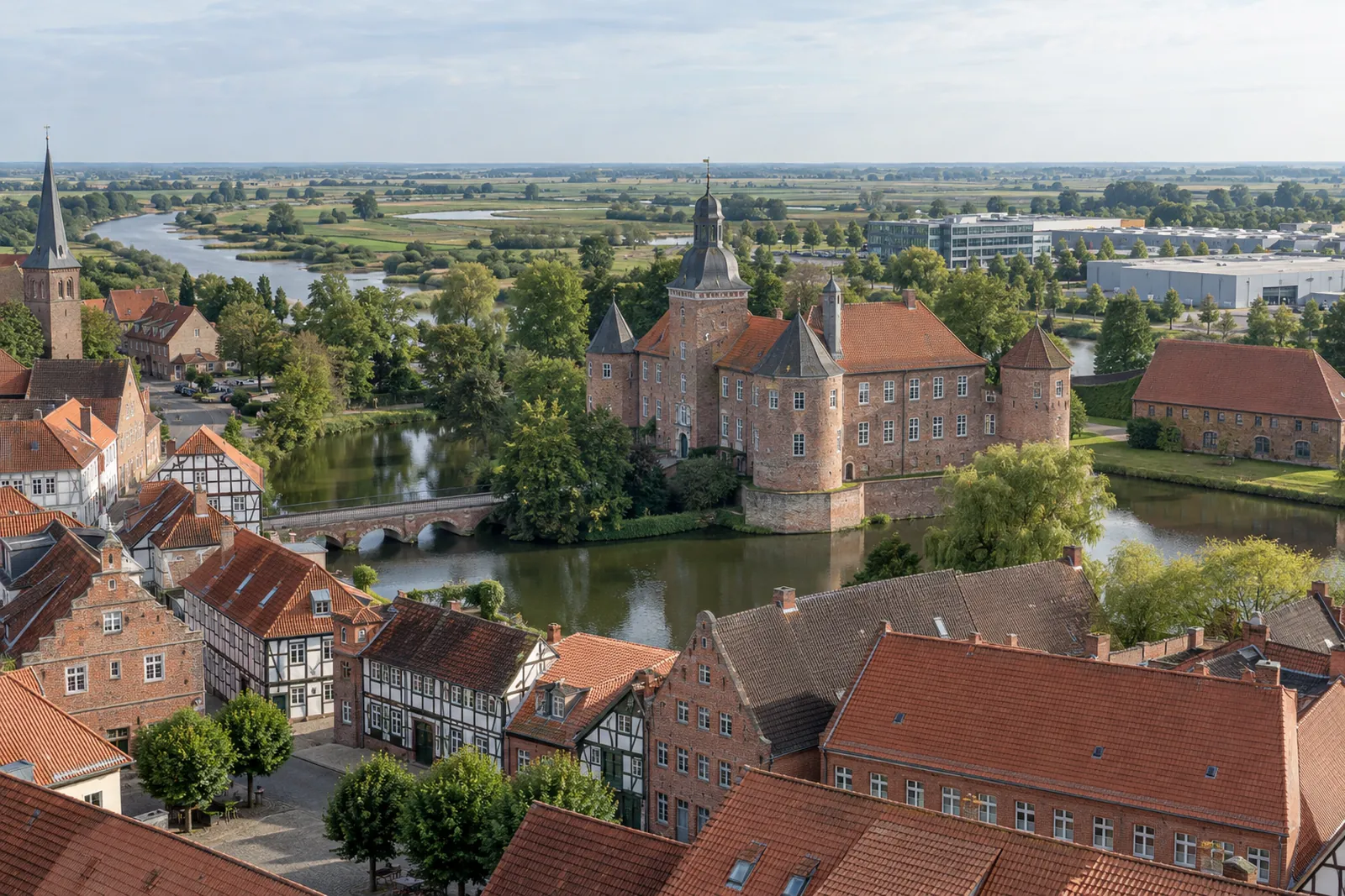 Geschäftshäuser aus Fachwerk und Backstein an einem Flüsschen, im Hintergrund ein Schloss und flache Marschlandschaft