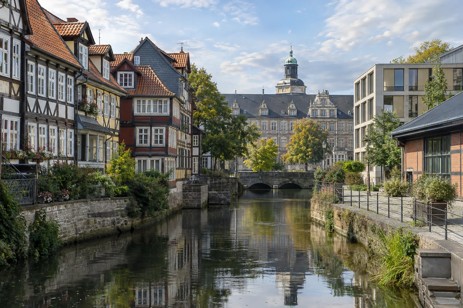 Fachwerkhäuser und moderne Gewerbebauten am Wasser in der Altstadt von Wolfenbüttel, im Hintergrund das Schloss
